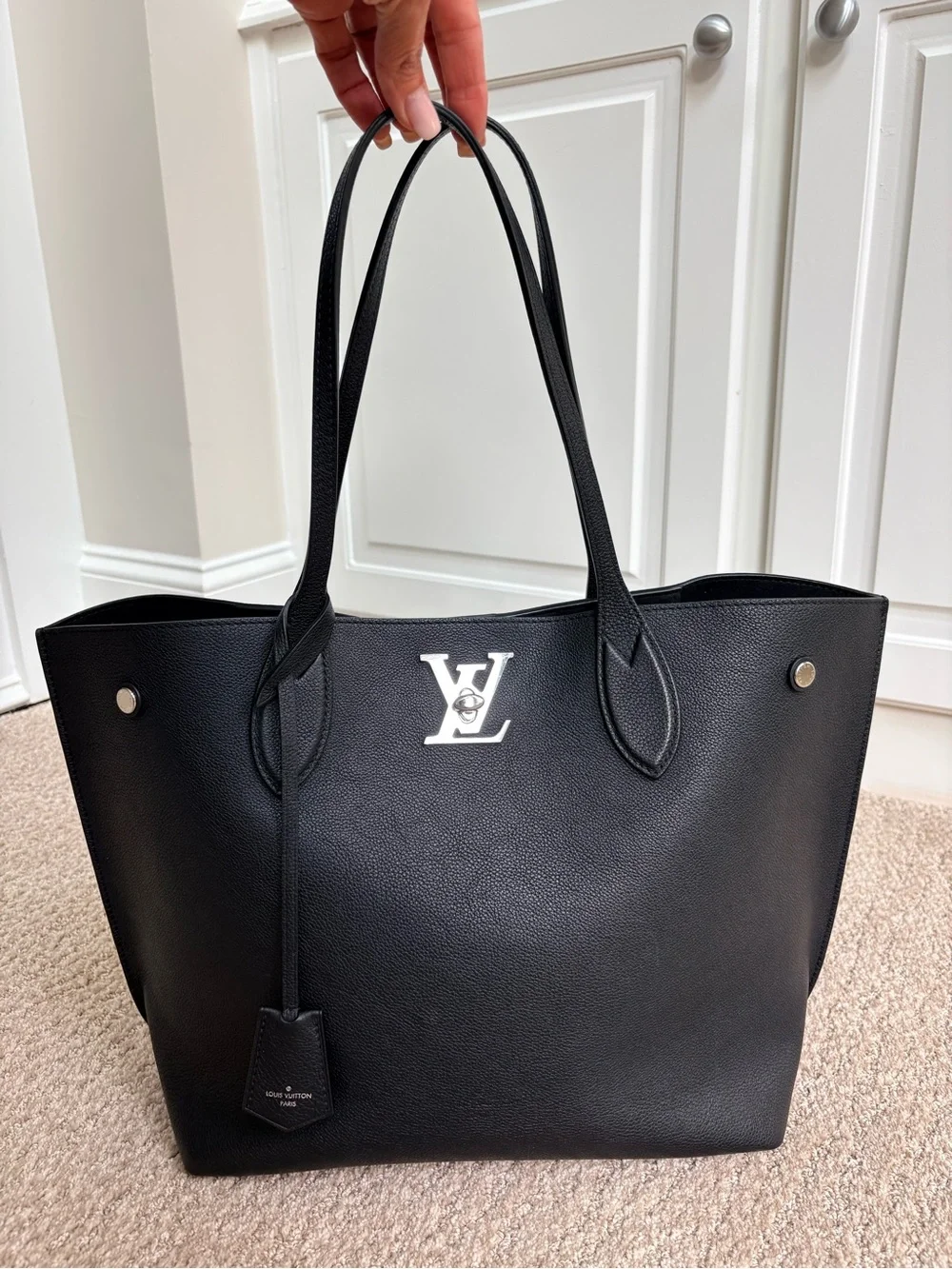 Louis Vuitton Black Leather Tote with Silver LV Emblem